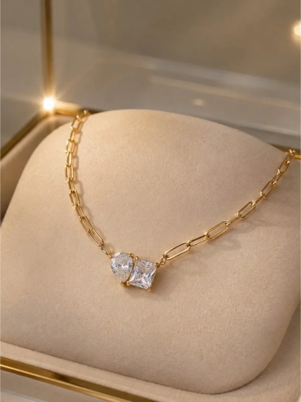 Gold Link Necklace with Dual Clear Gem Pendants